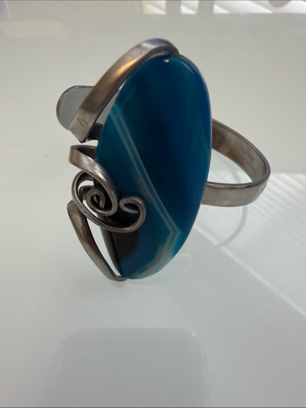 Unique Stainless Steel (Fork) Blue Agate Statement Bracelet - Picture 4 of 6